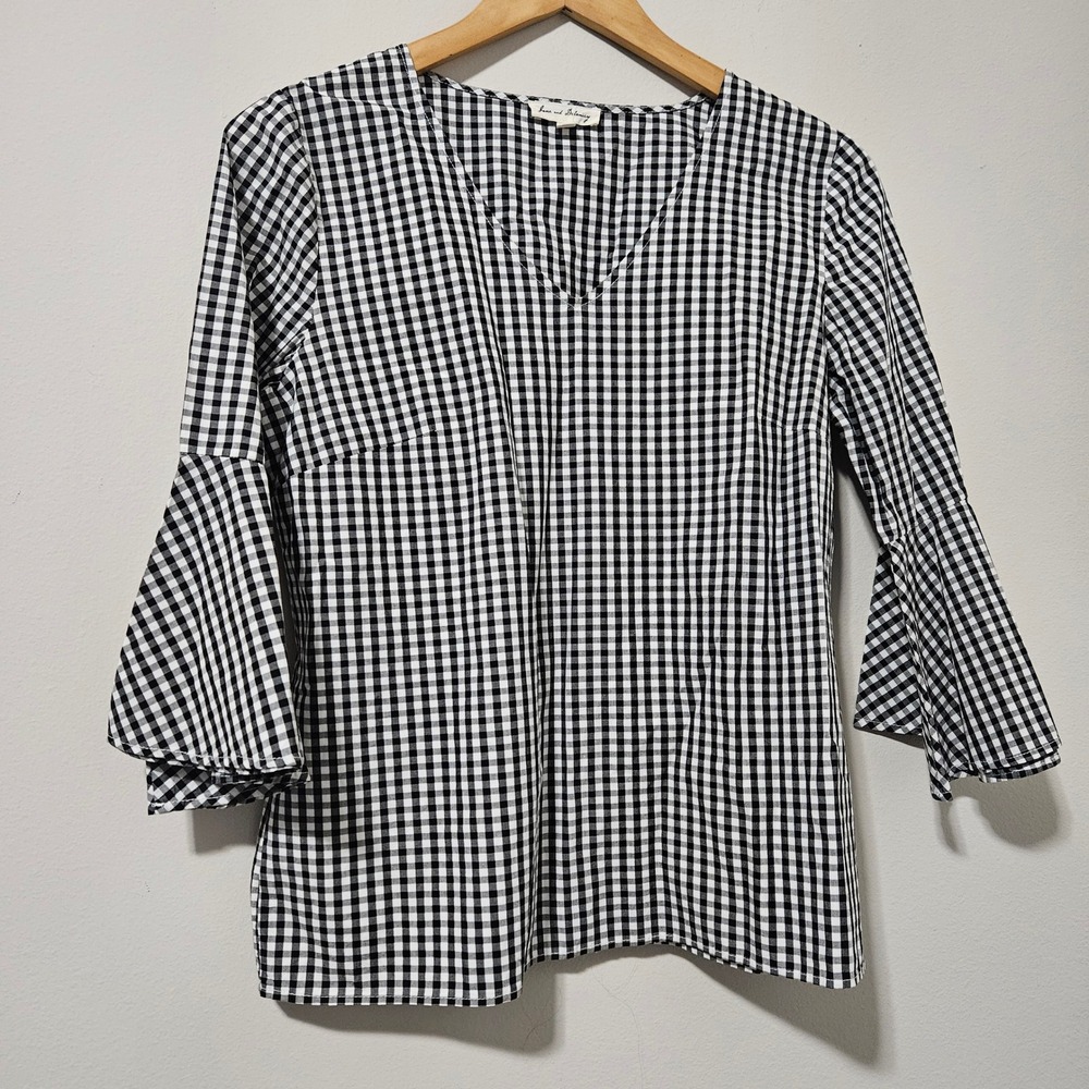 Jane and Delancey Gingham Bell Sleeve Blouse Black White‎ V-Neck Cotton Top S